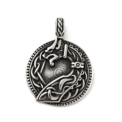 304 Nordische Wikinger-Amulett-Anhänger aus Edelstahl, flach rund mit Drachen