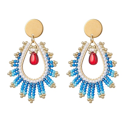 Серьги-гвоздики из стеклянного бисера ручной работы в форме слезы, плоские круглые 304 из нержавеющей стали болтаться серьги-гвоздики, золотые