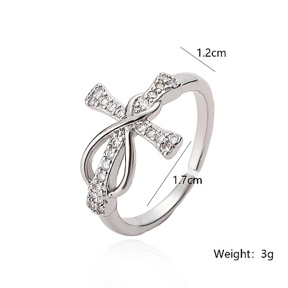 Brass Micro Pave Cubic Zirconia Open Cuff Rings, Corss