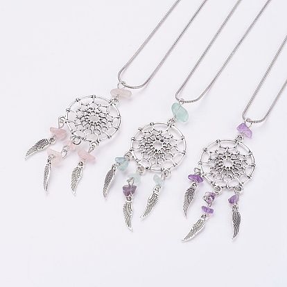 Сплав ожерелья шкентеля, тканая сеть / паутина с пером, С бусинками из драгоценных камней и медной цепочкой