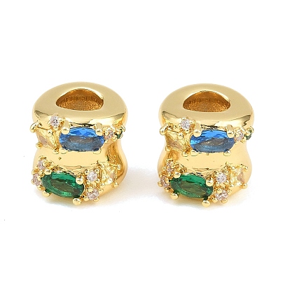 Brass Micro Pave Colorful Cubic Zirconia European Beads, Barrel, Large Hole Beads, Rack Plating, Long-Lasting Plated, Lead Free & Cadmium Free
