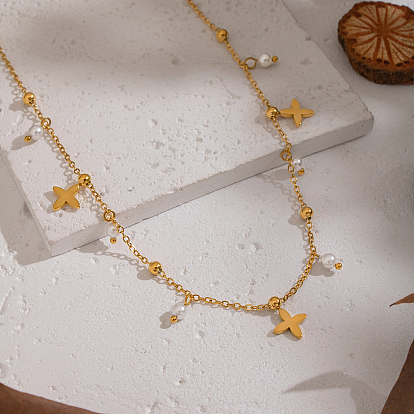 Элегантные 304 ожерелья с подвесками в виде креста из нержавеющей стали и круглых бусин с искусственным жемчугом для женщин, белые