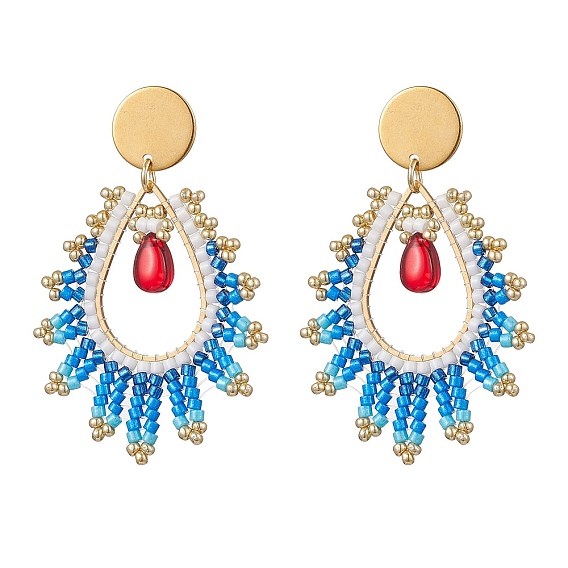 Серьги-гвоздики из стеклянного бисера ручной работы в форме слезы, плоские круглые 304 из нержавеющей стали болтаться серьги-гвоздики, золотые