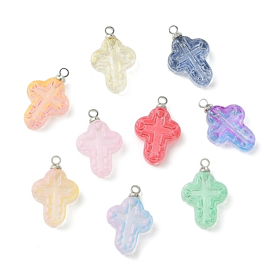 Подвески из стекла, окрашенные аэрозольной краской, крест очарование, с платиновыми латунными чашеобразными дужками