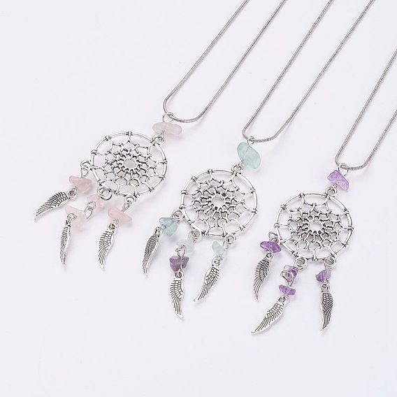 Сплав ожерелья шкентеля, тканая сеть / паутина с пером, С бусинками из драгоценных камней и медной цепочкой