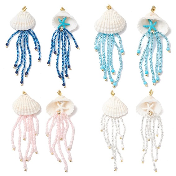 Большие подвески в виде медуз из драгоценных камней и стеклянных бусин в виде морских звезд, с ракушкой и золотыми латунными бусинами