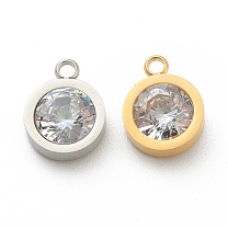 304 Stainless Steel Rhinestone Charms, Flat Round
