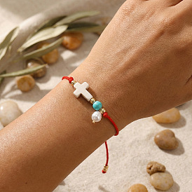 Регулируемые браслеты со стеклянными подвесками, Украшения для женщин из окрашенной синтетической бирюзы и латунных бусин., крестик