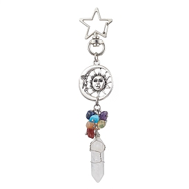 Décorations pendantes pointues en cristal de quartz naturel, avec des perles de copeaux de pierres précieuses mélangées, fermoirs et pendentifs mousquetons pivotants en alliage, soleil et lune