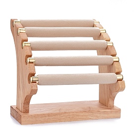 5-Tier Microfiber Cloth Bar Finger Ring Holder Stand, Wood Display Organizer for Jewelry