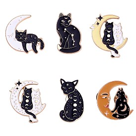6Pcs 6 Style Moon Phase Cat Enamel Pins, Golde Plated Alloy Cute Animal Badges for Backpacks Clothes Party Decoration