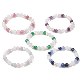 Natural Mixed Gemstone & Pearl Round Beaded Stretch Bracelets for Women