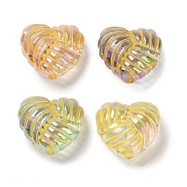 UV Plating Rainbow Iridescent Acrylic Beads, Golden Metal Enlaced, Heart