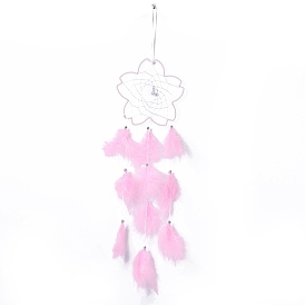 Handmade Flower Woven Net/Web with Feather Wall Hanging Decoration, with Beads & Cotton Thread, for Home Offices Amulet Ornament