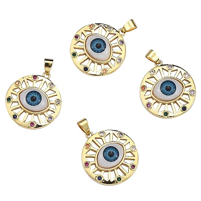 4Pcs Brass Micro Pave Colorful Cubic Zirconia Pendants, with Resin, Real 18K Gold Plated, Flat Round with Eye