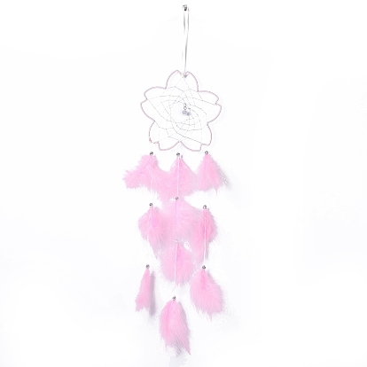 Handmade Flower Woven Net/Web with Feather Wall Hanging Decoration, with Beads & Cotton Thread, for Home Offices Amulet Ornament