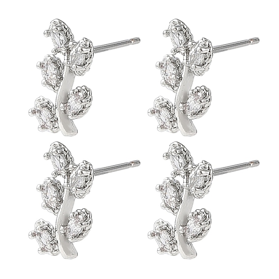 Boucles d'oreilles puces en laiton Shegrace, motif branche feuillue, serties de micro-oxydes de zirconium transparents, sans cadmium et sans plomb et sans nickel