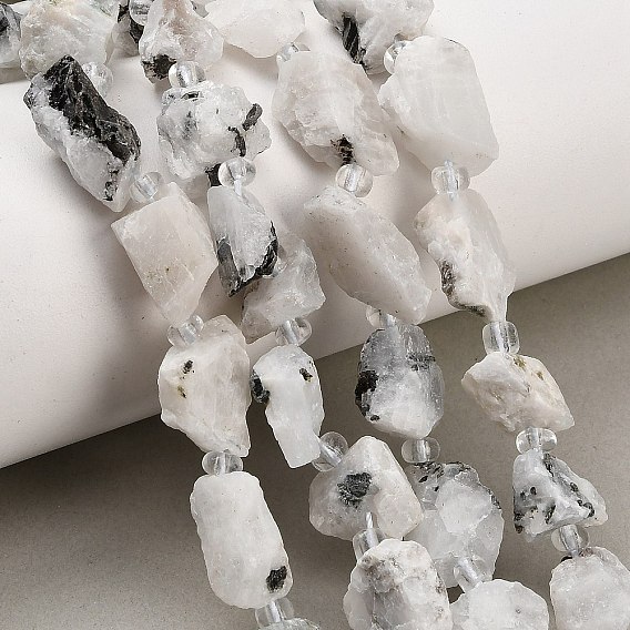 Raw Rough Natural Tourmalinated Quartz Beads Strands, Nuggets, with Seed Beads