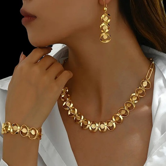 Ожерелья и браслеты из сплава с овальными звеньями и серьги-кольца