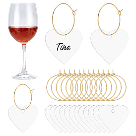 50шт. акриловое кольцо для этикетки на бокал для вина, сердце, с 50шт. латунной фурнитурой для серег-колец