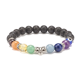 Natural Lava Rock & Mixed Stone & Alloy Tube Stretch Bracelet with Lampwork Evil Eye, 7 Chakra Jewelry for Women