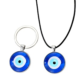 Blue Glass Evil Eye Pendant Necklace with Turkish Keychain Charm