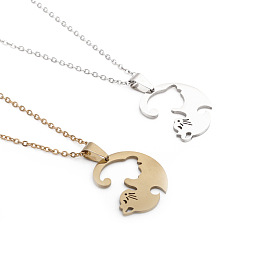 Minimalist Stainless Steel Cat Pendant Necklace with Gold Hugging Kitten Couple Circle Charm