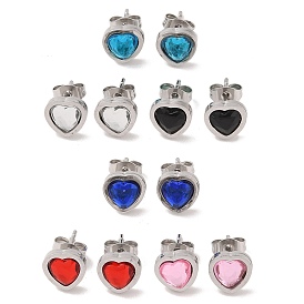 3 Pairs 3 Colors 304 Stainless Steel Heart Stud Earrings for Women, with Resin, Stainless Steel Color