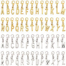 52Pcs 2 Colors Alloy Letter A~Z Pendant Decorations, with Alloy Lobster Claw Clasps