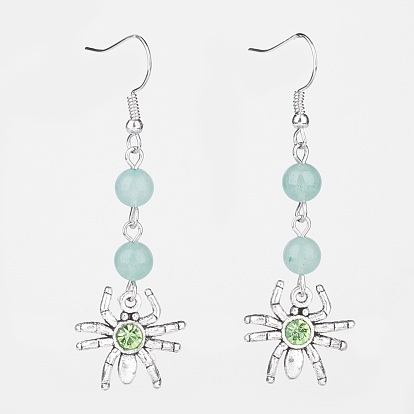 Tibetan Style Glass Spider Dangle Earrings, with Natural Gemstone and Platinum Tone Brass Earring Hooks