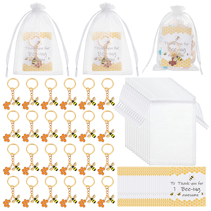 50 Porte-clés en alliage émaillé, avec des anneaux en fer, des sacs en organza et du papier cartonné, abeilles