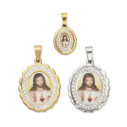 304 подвески из нержавеющей стали, овальные амулеты, с полимерной глиной кристалла горного хрусталем, ионное покрытие (ip)