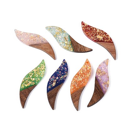 Большие подвески из непрозрачной смолы и орехового дерева, лист прелести, с блестящей пудрой и золотой фольгой