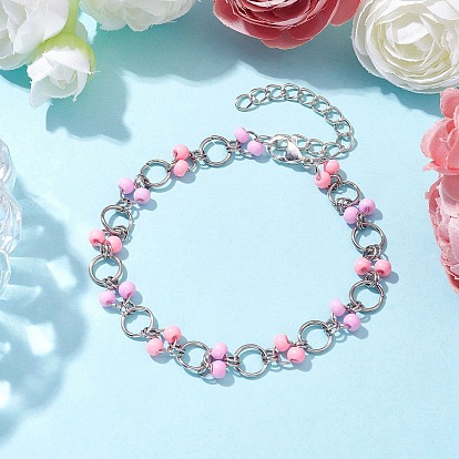 Pink & Plum Glass Seed Bead Link Bracelets, 304 Stainless Steel Ring Link Bracelets for Women