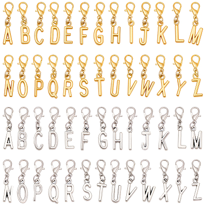 52Pcs 2 Colors Alloy Letter A~Z Pendant Decorations, with Alloy Lobster Claw Clasps