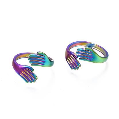 304 Stainless Steel Hug Hand Cuff Ring, Rainbow Color Open Ring for Women