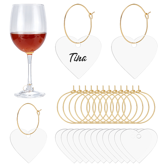 50шт. акриловое кольцо для этикетки на бокал для вина, сердце, с 50шт. латунной фурнитурой для серег-колец