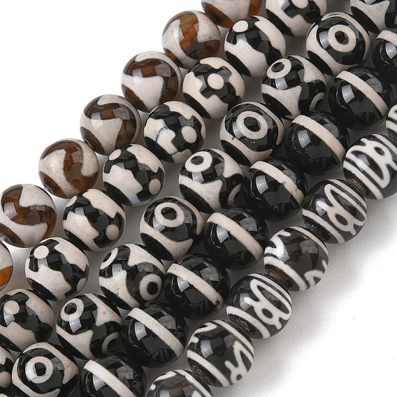 Chapelets de style tibétain dzi , Perles d'agate teintes naturelles, ronde, noir