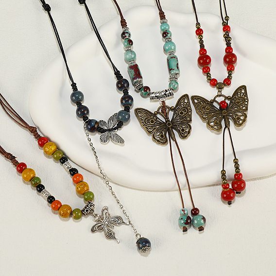 Длинные ожерелья с подвеской в виде бабочки из сплава и фарфора в этническом стиле для женщин