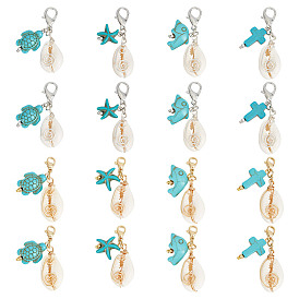 16 шт 8 стили подвесные украшения из натуральных ракушек, Застежка-лобстер и подвески в виде морской звезды, креста, черепахи, дельфина из синтетической бирюзы для украшения сумок