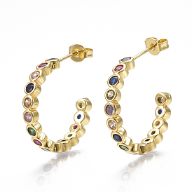 Brass Micro Pave Cubic Zirconia(Random Mixed Color) Stud Earrings, Half Hoop Earrings, with Ear Nuts