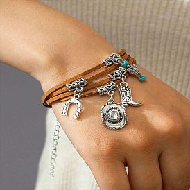 Браслеты из искусственной кожи в стиле вестерн, многорядные, браслеты с подвесками для мужчин и женщин, шляпа/сапог/подкова/кактус