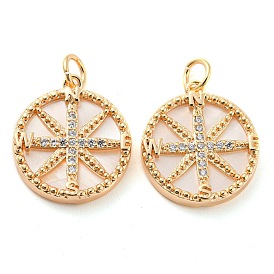 Brass Micro Pave Clear Cubic Zirconia Flat Round Pendants, Natural Freshwater Shell Compass Charms