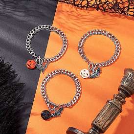 3Pcs 3 Colors Halloween Alloy Enamel Bat and Dyed Synthetic Turquoise Pumpkin Charm 304 Stainless Steel Bracelet Sets, Stainless Steel Color