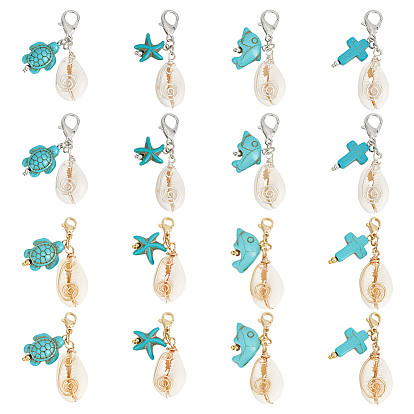 16 шт 8 стили подвесные украшения из натуральных ракушек, Застежка-лобстер и подвески в виде морской звезды, креста, черепахи, дельфина из синтетической бирюзы для украшения сумок