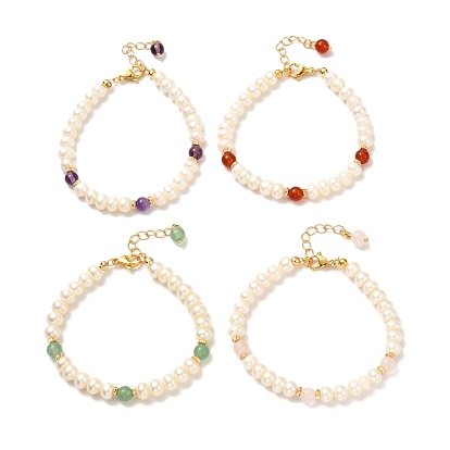 Natural Pearl Beaded Bracelet for Girl Women, Natural Mixed Stone Bracelet, Golden