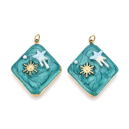 304 подвески из нержавеющей стали и эмалированной смолы с имитацией жемчуга, ромб с звездой, с целью перехода в кольце, ионное покрытие (ip), реальный 18 k позолоченный