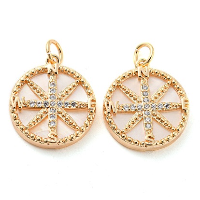 Brass Micro Pave Clear Cubic Zirconia Flat Round Pendants, Natural Freshwater Shell Compass Charms