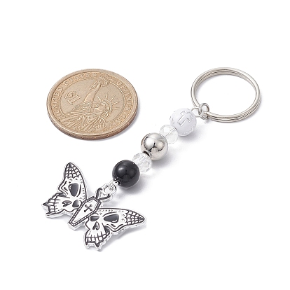Porte-clés pendentif en alliage d'émail, avec porte-clés fendus en fer et perles acryliques, papillon/mite/épée/cœur avec crâne