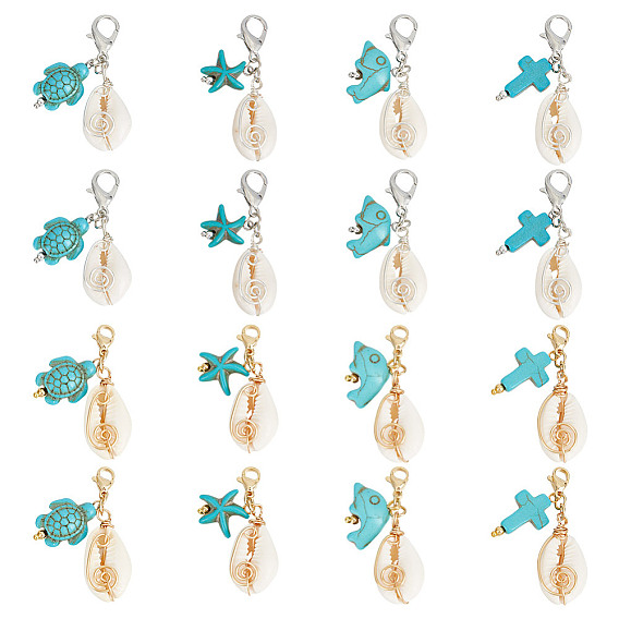 16 шт 8 стили подвесные украшения из натуральных ракушек, Застежка-лобстер и подвески в виде морской звезды, креста, черепахи, дельфина из синтетической бирюзы для украшения сумок